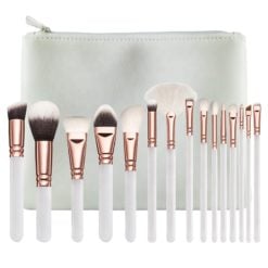 GreenLeaf White Makeup Brush Set 15 Piece with Cosmetic Bag