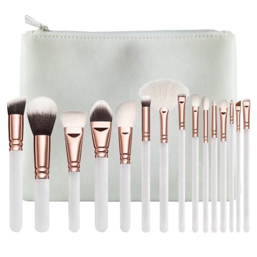 GreenLeaf White Makeup Brush Set 15 Piece with Cosmetic Bag