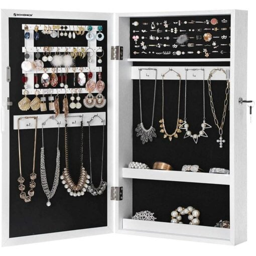 white songmics jewellery cabinet and mirror