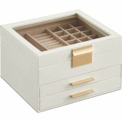Songmics Jewellery Box with glass lid in white with gold latch