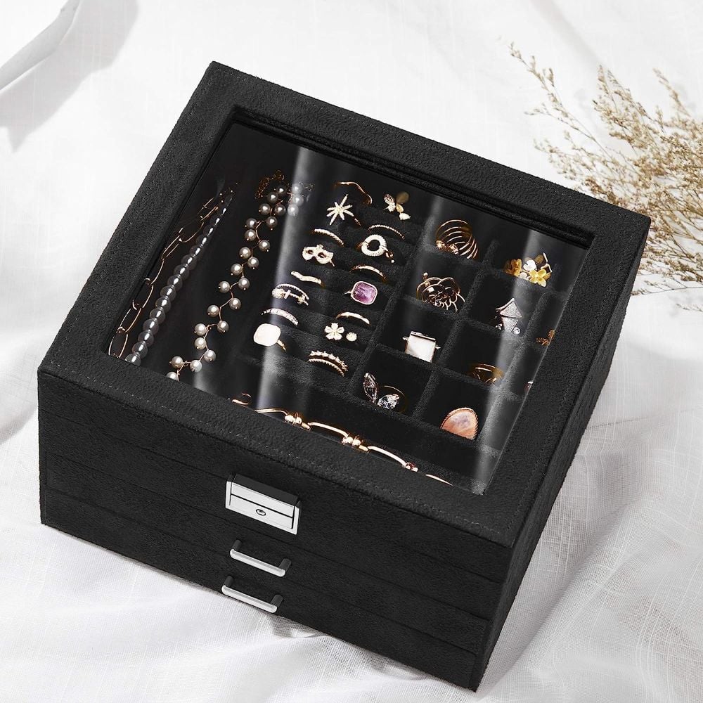Songmics 3-Tier Lockable Jewellery Box with Glass Lid, Black
