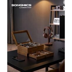 Songmics 2-Tier Wooden Watch Box with Glass Lid, 8 Slots