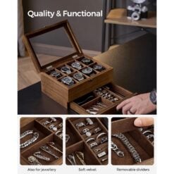 Songmics 2-Tier Wooden Watch Box with Glass Lid, 8 Slots