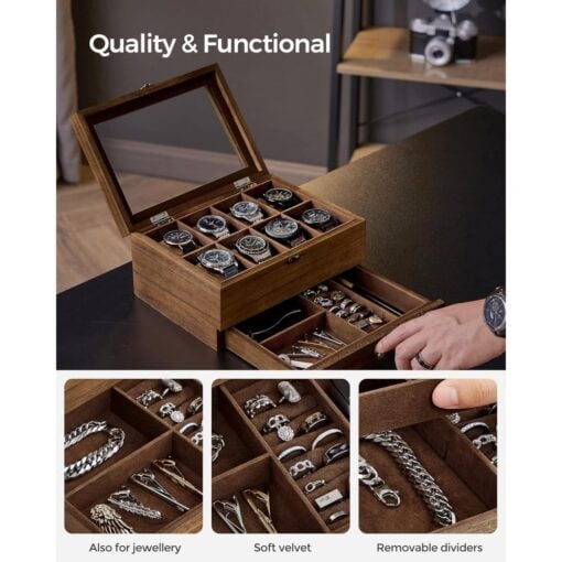 Songmics 2-Tier Wooden Watch Box with Glass Lid, 8 Slots