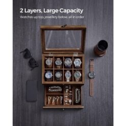 Songmics 2-Tier Wooden Watch Box with Glass Lid, 8 Slots 2 layers