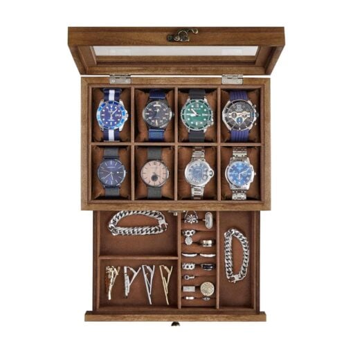 Songmics 2-Tier Wooden Watch Box with Glass Lid, 8 Slots