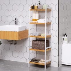 Bragg Coron 5-Tier Bamboo Storage Shelving Rack, Natural and White in Bathroom