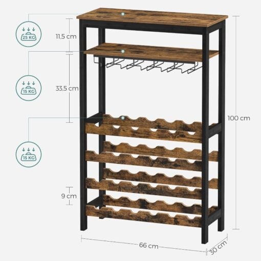 Bragg Sicily Wine Rack with Glass Storage and Shelves, 24 Bottles dimensions