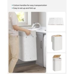 Songmics Foldable Bamboo Laundry Basket, White Carry