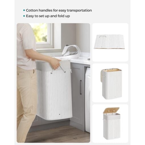 Songmics Foldable Bamboo Laundry Basket, White Carry