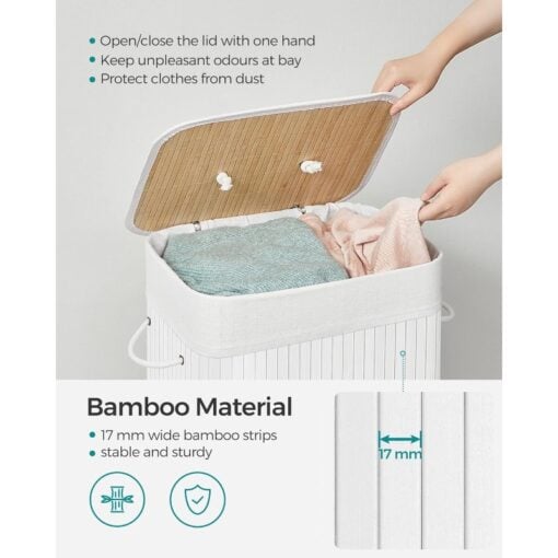 Songmics Foldable Bamboo Laundry Basket, White Bamboo
