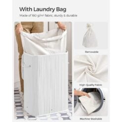 Songmics Foldable Bamboo Laundry Basket, White Bag