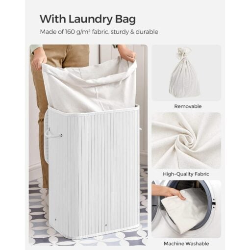 Songmics Foldable Bamboo Laundry Basket, White Bag