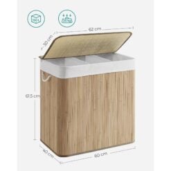 Songmics Triple Compartment Laundry Basket with Lid, Beige Dimensions