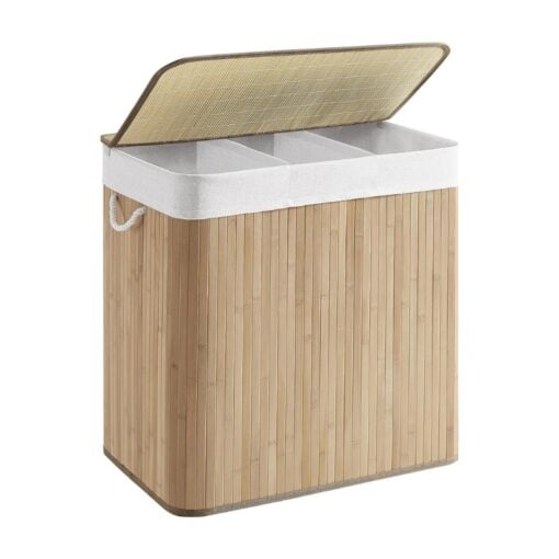 Songmics Triple Compartment Laundry Basket with Lid, Beige