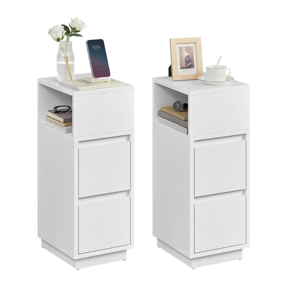 Bragg Darwin Slim Bedside End Table with 2 Drawers, Set of 2, White