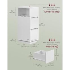 Bragg Darwin Slim Bedside End Table with 2 Drawers, Set of 2, White Dimensions