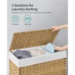 Songmics Rattan Rolling Laundry Basket, 3 Compartment sections