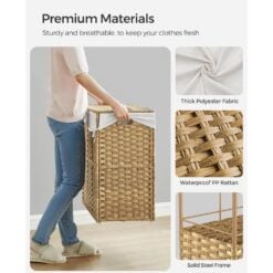 Songmics Rattan Rolling Laundry Basket, 3 Compartment