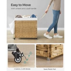 Songmics Rattan Rolling Laundry Basket, 3 Compartment Easy to Move