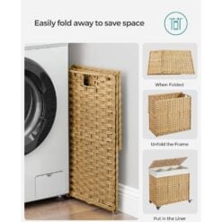 Songmics Rattan Rolling Laundry Basket, 3 Compartment Folded