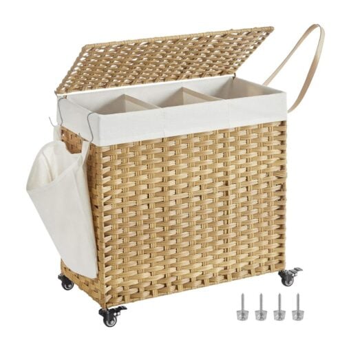 Songmics Rattan Rolling Laundry Basket, 3 Compartment