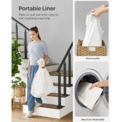 Songmics Rattan Rolling Laundry Basket, 3 Compartment Liner