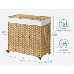 Songmics Rattan Rolling Laundry Basket, 3 Compartment Dimensions