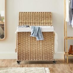Songmics Rattan Rolling Laundry Basket, 3 Compartment Lifestyle