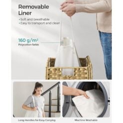 Songmics Woven Storage Laundry Basket with Lid, Natural removable liners