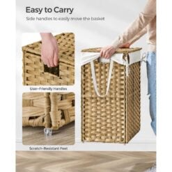 Songmics Woven Storage Laundry Basket with Lid, Natural carry