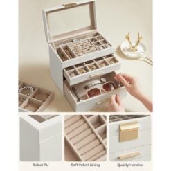 Songmics 4-Tier Jewellery Box Organiser with Glass Lid, White Gold Details