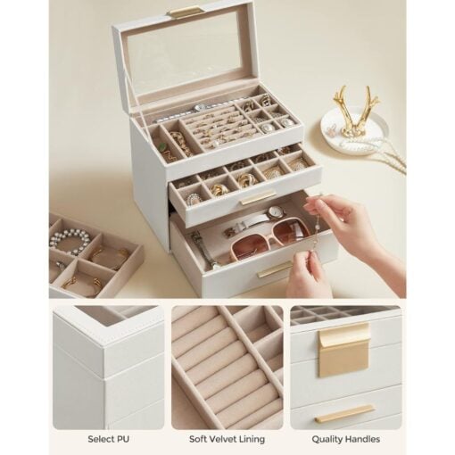 Songmics 4-Tier Jewellery Box Organiser with Glass Lid, White Gold Details