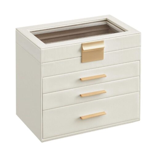 Songmics 4-Tier Jewellery Box Organiser with Glass Lid, WhiteGold