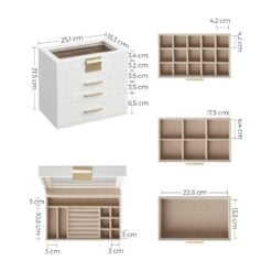 Songmics 4-Tier Jewellery Box Organiser with Glass Lid, White Gold Dimensions