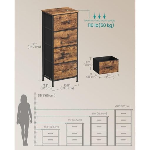 Songmics Chest of Drawers Storage Organiser, 4 Fabric Drawers, Brown Dimensions