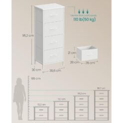 Songmics Chest of Drawers Storage Organiser, 4 Fabric Drawers, White Dimensions