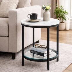 Bragg Tacoma Round Two-Tier Marble-look and Glass Side Table