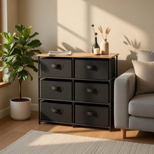 Bragg Essential Fabric Chest of Drawers (6 Drawer), Oak & Black - Image 2