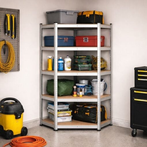 Bragg Heavy-Duty 5-Tier Industrial Steel Corner Storage Shelves, Silver Garage