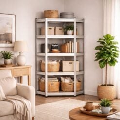 Bragg Heavy-Duty 5-Tier Industrial Steel Corner Storage Shelves, Silver Living Room