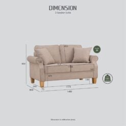 Bragg Impala 2-Seater Sofa Couch with Scatter Cushions, Beige Dimensions