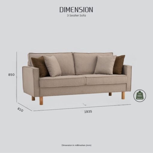 Bragg Nexon 3-Seater Sofa Couch with Scatter Cushions, Beige Dimensions