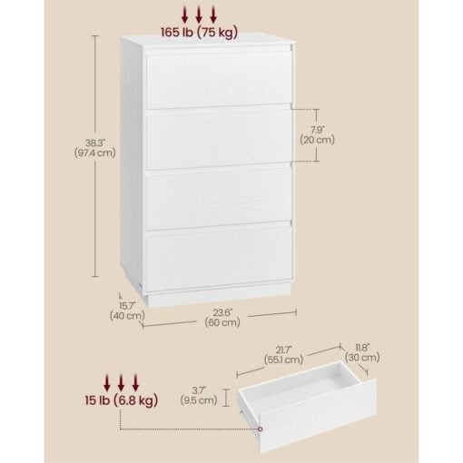 Bragg Chest of Drawers Storage Cabinet, 4 Drawers, White Dimensions