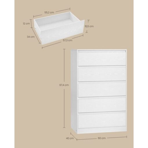 Bragg Chest of Drawers Storage Cabinet, 5 Drawers, White