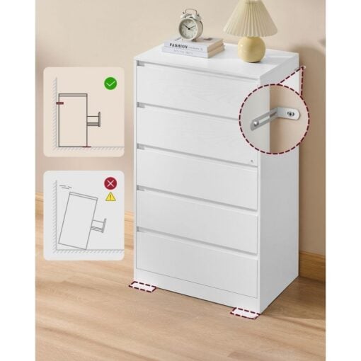 Bragg Chest of Drawers Storage Cabinet, 5 Drawers, White Anti-Tip