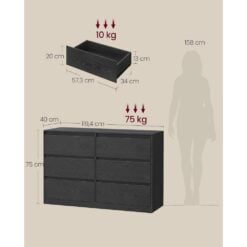 Bragg Lorne Chest of Drawers Storage Wardrobe, 6 Drawers, Black Dimensions