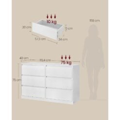 Bragg Lorne Chest of Drawers Storage Wardrobe, 6 Drawers, White Dimensions