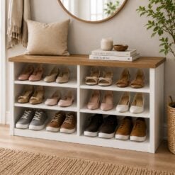 Bragg Miri Shoe Rack Storage Bench with Adjustable Shelves, Farmstyle Oak