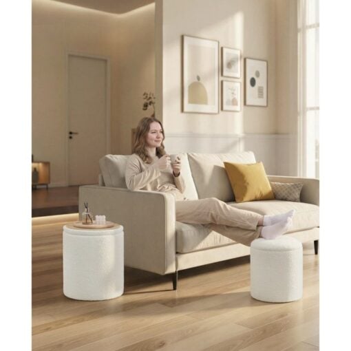 Songmics Round Storage Ottoman, Set of 2, Cream White